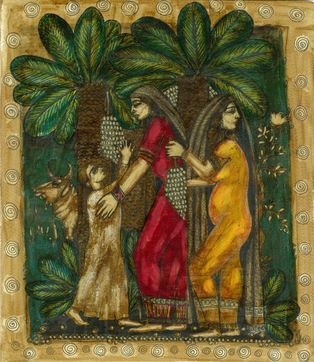 The IWAF emblem: a painting of a mother tending to her child beside a second woman, under the date palms of Mesopotamia, with a border of spirals